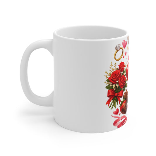 Valentine Hearts and Roses Mug | Romantic Love Chocolates, Ring, Champagne