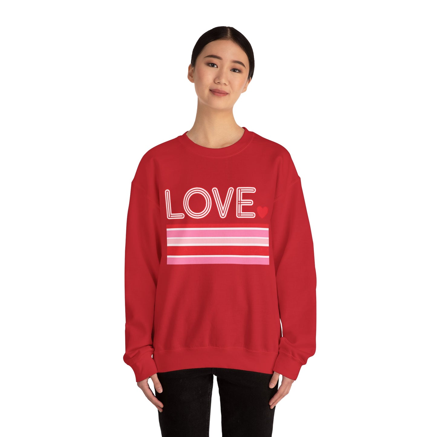 LOVE Retro Valentine Sweatshirt – Pink Heart Stripe Crewneck, Cozy Gift for Her & Couples