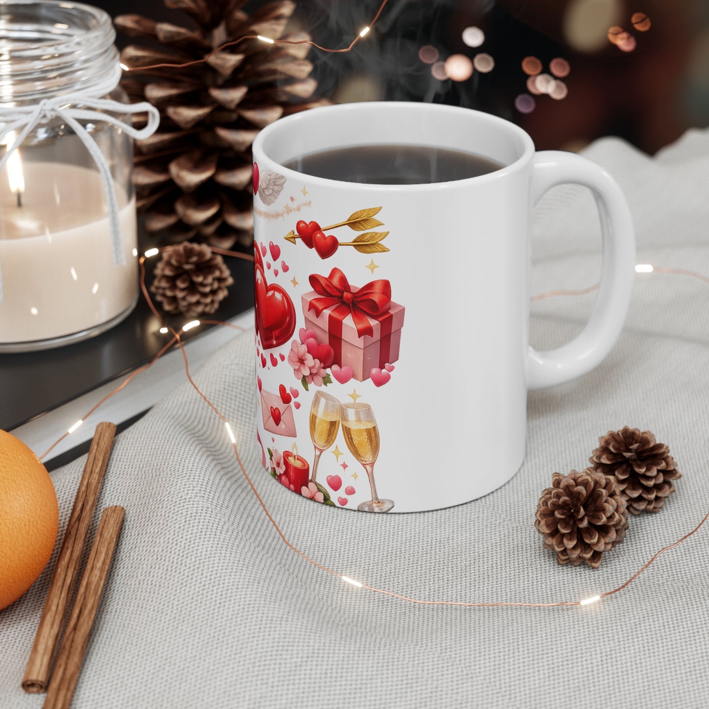 Valentine Hearts and Roses Mug | Romantic Love Chocolates, Ring, Champagne