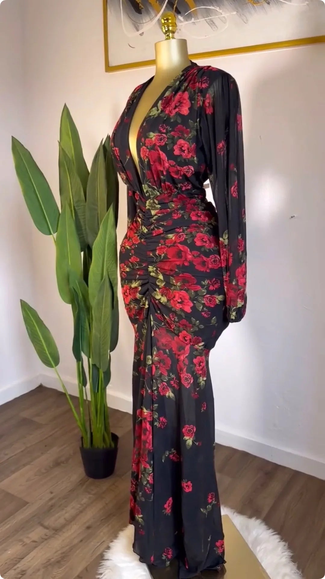 Women Full Sleeve Floral Print V-neck Elegant Long Dress