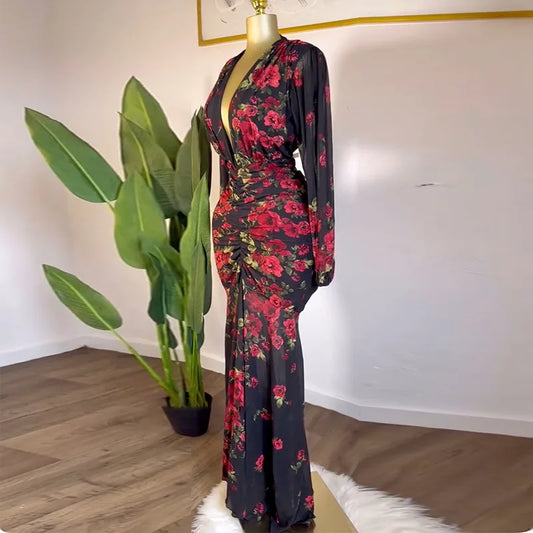 Women Full Sleeve Floral Print V-neck Elegant Long Dress