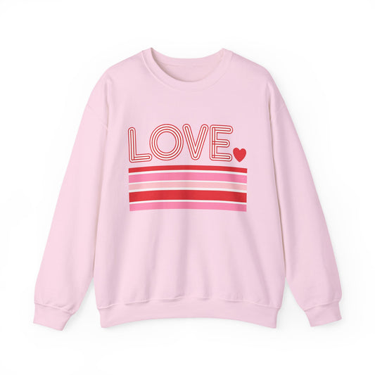 LOVE Retro Valentine Sweatshirt – Pink Heart Stripe Crewneck, Cozy Gift for Her & Couples