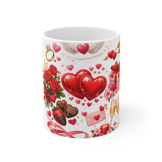 Valentine Hearts and Roses Mug | Romantic Love Chocolates, Ring, Champagne