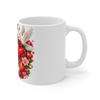 Valentine’s Day Heart & Roses 11oz Mug — Romantic Gift with Chocolates, Doves & Candles