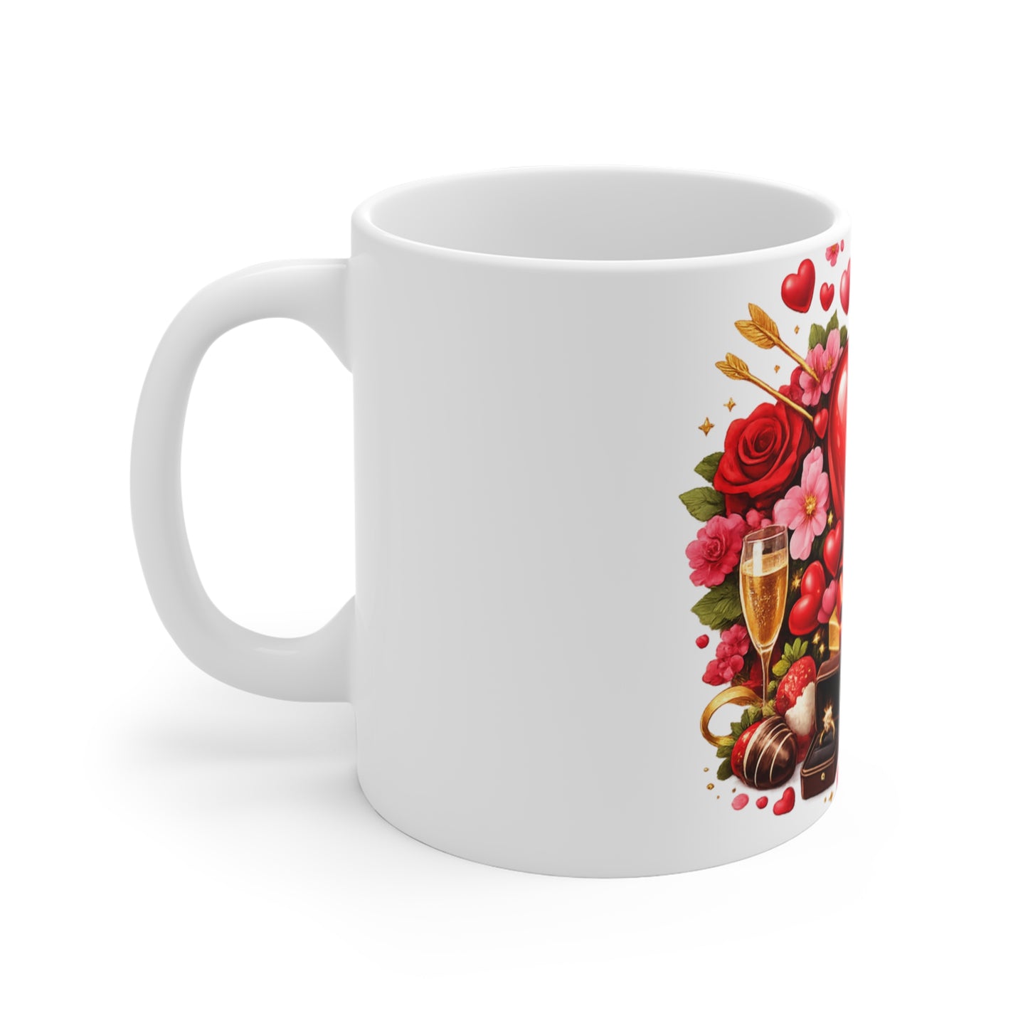 Valentine’s Day Heart & Roses 11oz Mug — Romantic Gift with Chocolates, Doves & Candles
