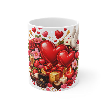Valentine’s Day Heart & Roses 11oz Mug — Romantic Gift with Chocolates, Doves & Candles