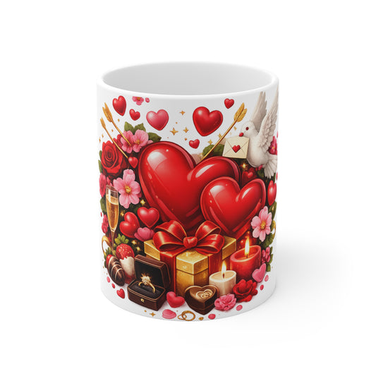 Valentine’s Day Heart & Roses 11oz Mug — Romantic Gift with Chocolates, Doves & Candles