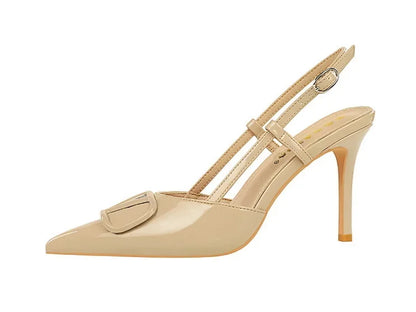 French Sexy V-Notch Square Buckle Pointed Toe High Heels Women's Thin Heel Patent Leather Backless Strap Single Shoes