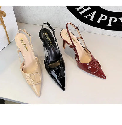 French Sexy V-Notch Square Buckle Pointed Toe High Heels Women's Thin Heel Patent Leather Backless Strap Single Shoes