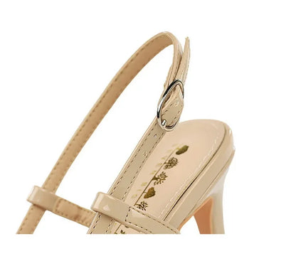 French Sexy V-Notch Square Buckle Pointed Toe High Heels Women's Thin Heel Patent Leather Backless Strap Single Shoes