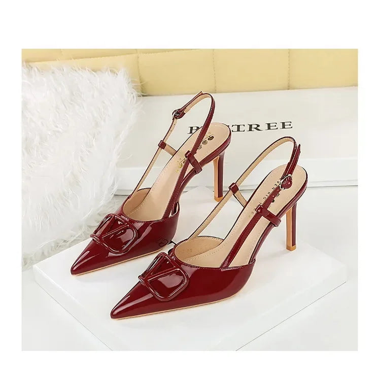 French Sexy V-Notch Square Buckle Pointed Toe High Heels Women's Thin Heel Patent Leather Backless Strap Single Shoes