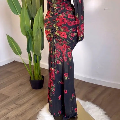 Women Full Sleeve Floral Print V-neck Elegant Long Dress