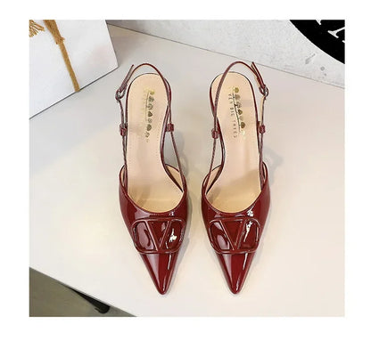 French Sexy V-Notch Square Buckle Pointed Toe High Heels Women's Thin Heel Patent Leather Backless Strap Single Shoes