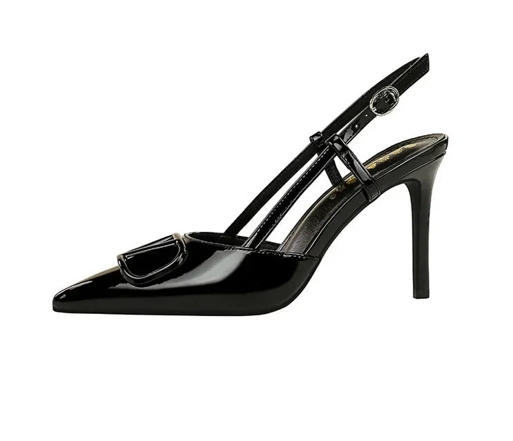 French Sexy V-Notch Square Buckle Pointed Toe High Heels Women's Thin Heel Patent Leather Backless Strap Single Shoes