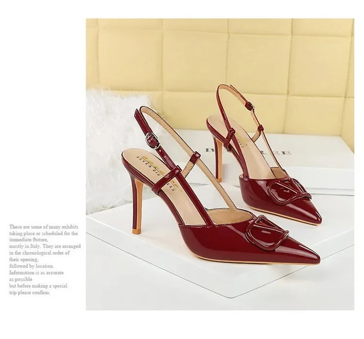 French Sexy V-Notch Square Buckle Pointed Toe High Heels Women's Thin Heel Patent Leather Backless Strap Single Shoes