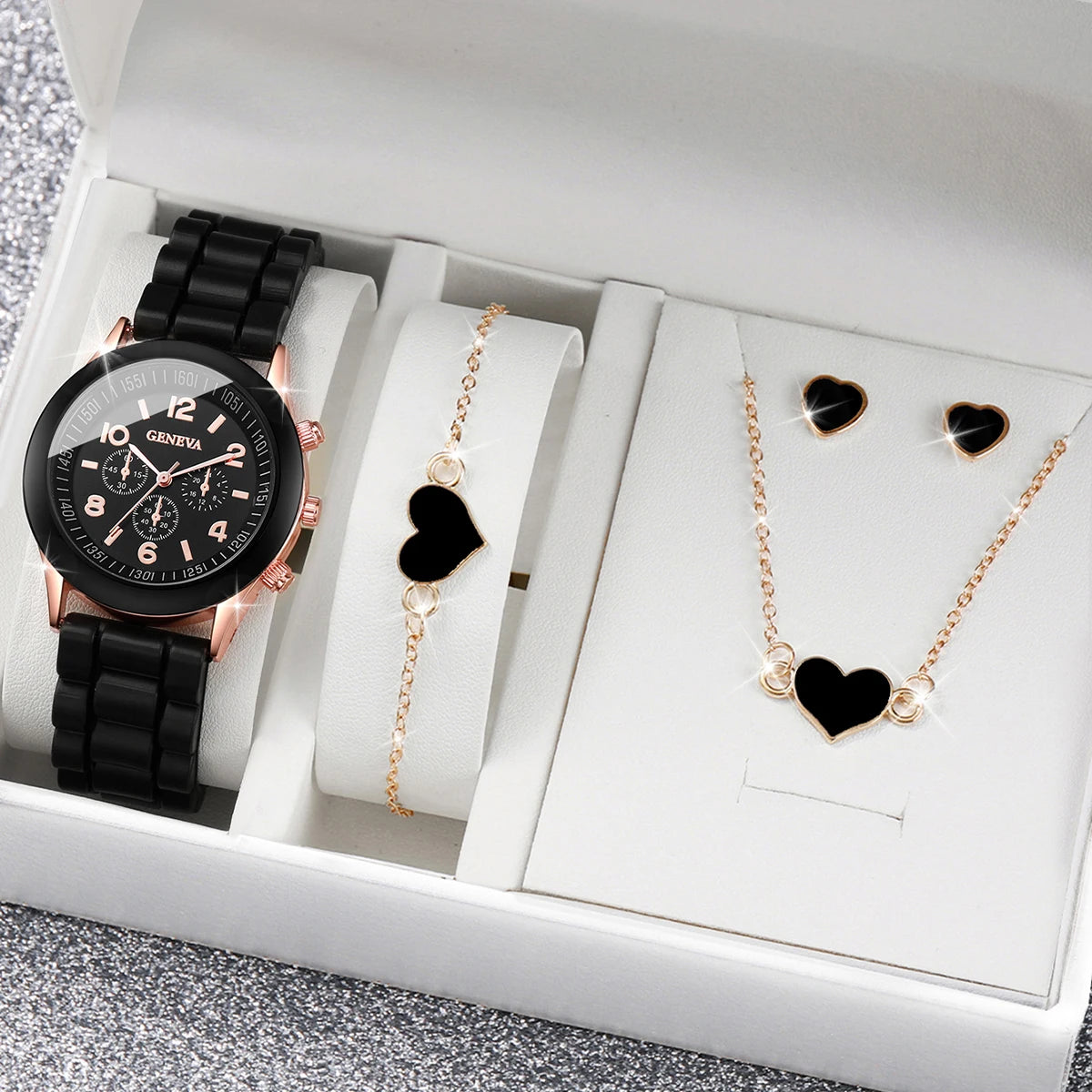 4pcs/set Women Quartz Watches Heart Jewelry Set(Without Box)