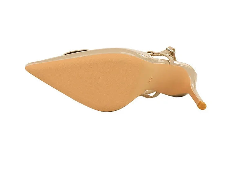 French Sexy V-Notch Square Buckle Pointed Toe High Heels Women's Thin Heel Patent Leather Backless Strap Single Shoes