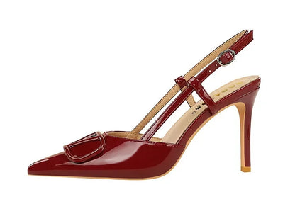 French Sexy V-Notch Square Buckle Pointed Toe High Heels Women's Thin Heel Patent Leather Backless Strap Single Shoes