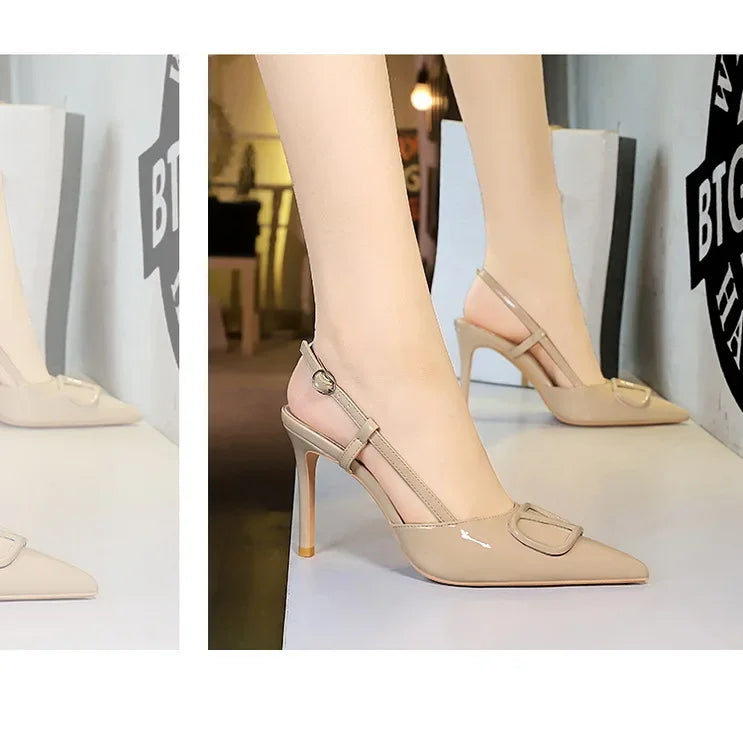 French Sexy V-Notch Square Buckle Pointed Toe High Heels Women's Thin Heel Patent Leather Backless Strap Single Shoes