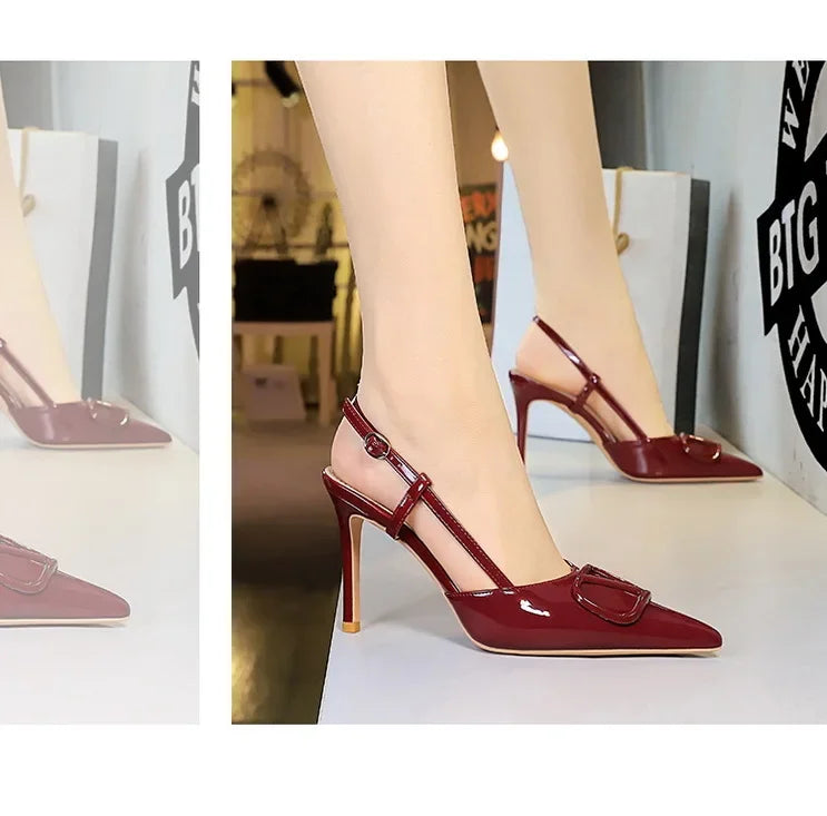 French Sexy V-Notch Square Buckle Pointed Toe High Heels Women's Thin Heel Patent Leather Backless Strap Single Shoes