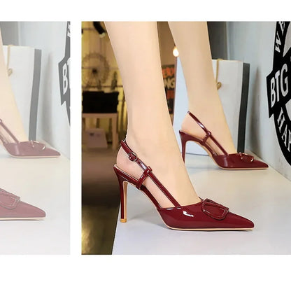 French Sexy V-Notch Square Buckle Pointed Toe High Heels Women's Thin Heel Patent Leather Backless Strap Single Shoes