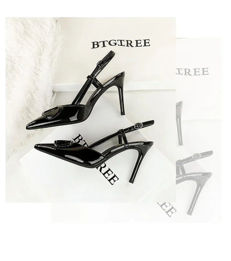 French Sexy V-Notch Square Buckle Pointed Toe High Heels Women's Thin Heel Patent Leather Backless Strap Single Shoes
