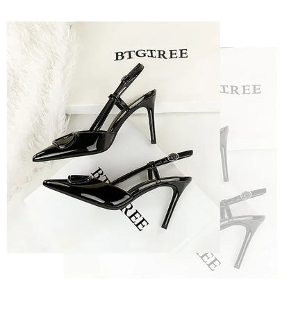 French Sexy V-Notch Square Buckle Pointed Toe High Heels Women's Thin Heel Patent Leather Backless Strap Single Shoes
