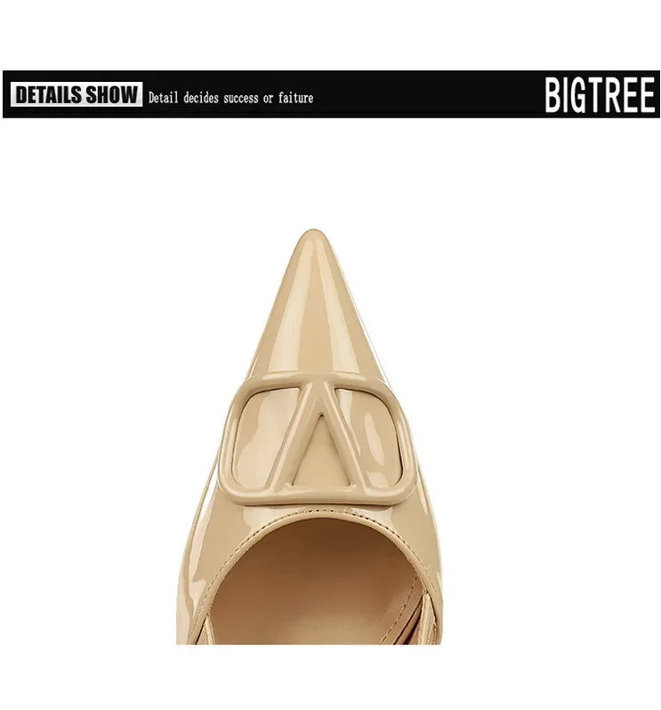French Sexy V-Notch Square Buckle Pointed Toe High Heels Women's Thin Heel Patent Leather Backless Strap Single Shoes