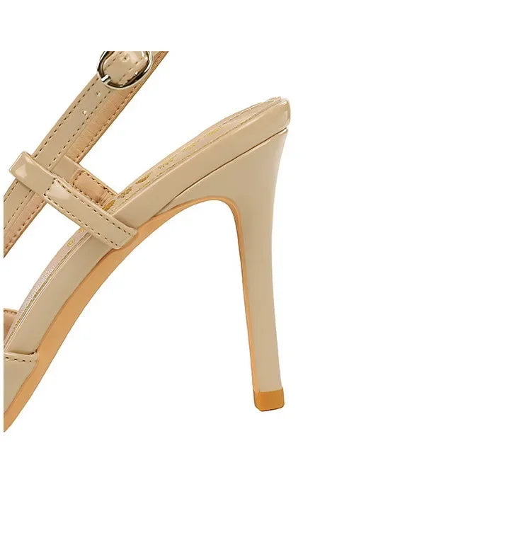 French Sexy V-Notch Square Buckle Pointed Toe High Heels Women's Thin Heel Patent Leather Backless Strap Single Shoes