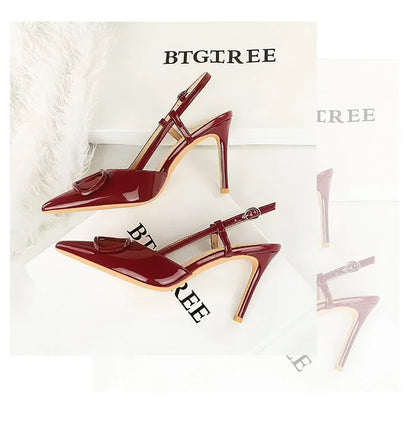 French Sexy V-Notch Square Buckle Pointed Toe High Heels Women's Thin Heel Patent Leather Backless Strap Single Shoes
