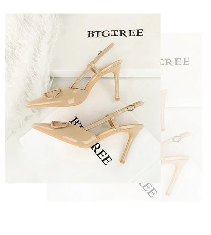 French Sexy V-Notch Square Buckle Pointed Toe High Heels Women's Thin Heel Patent Leather Backless Strap Single Shoes