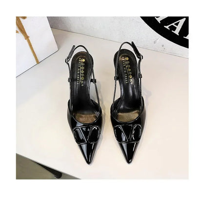 French Sexy V-Notch Square Buckle Pointed Toe High Heels Women's Thin Heel Patent Leather Backless Strap Single Shoes