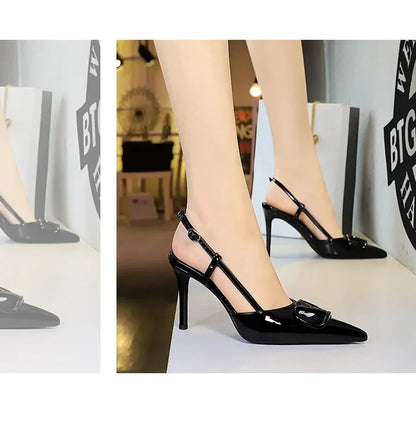 French Sexy V-Notch Square Buckle Pointed Toe High Heels Women's Thin Heel Patent Leather Backless Strap Single Shoes